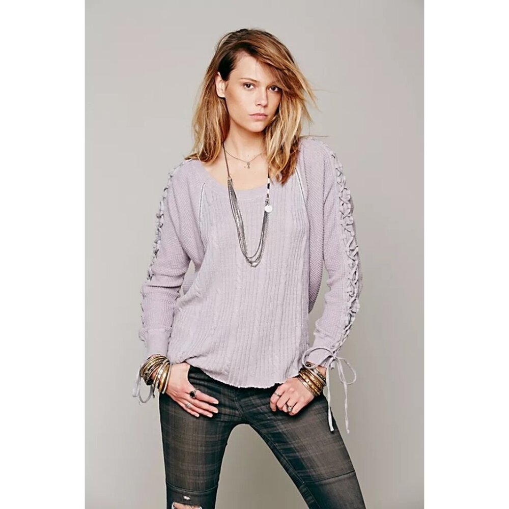 Free People Lilac Lace Up Sleeve Thermal Cable Knit Sweater | Boho Grunge Fairy